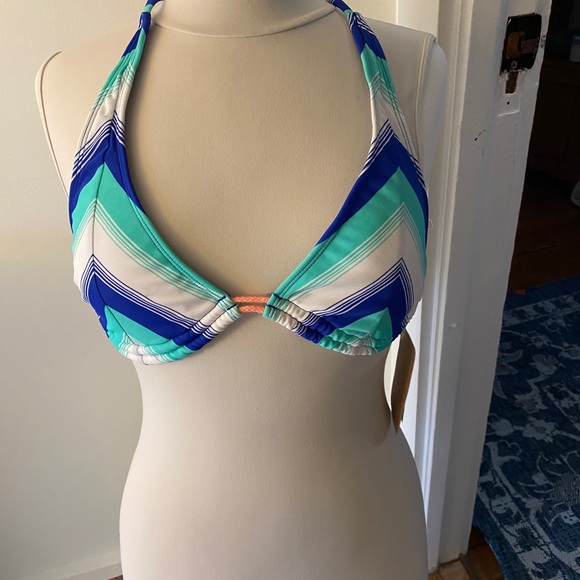 Hobie Other - NWT Hobie Boho blue striped bikini top with orange string accents. Medium. Fun.